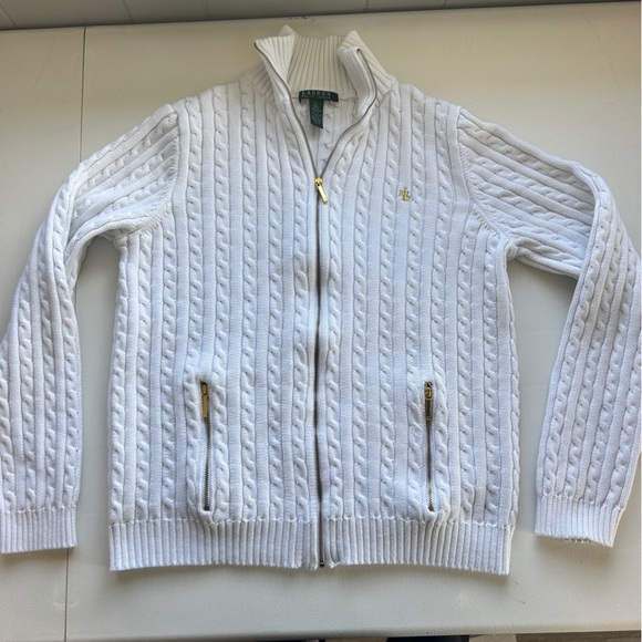 Lauren Ralph Lauren White and Gold Zipper Cable Knit Cardigan - Picture 12 of 12